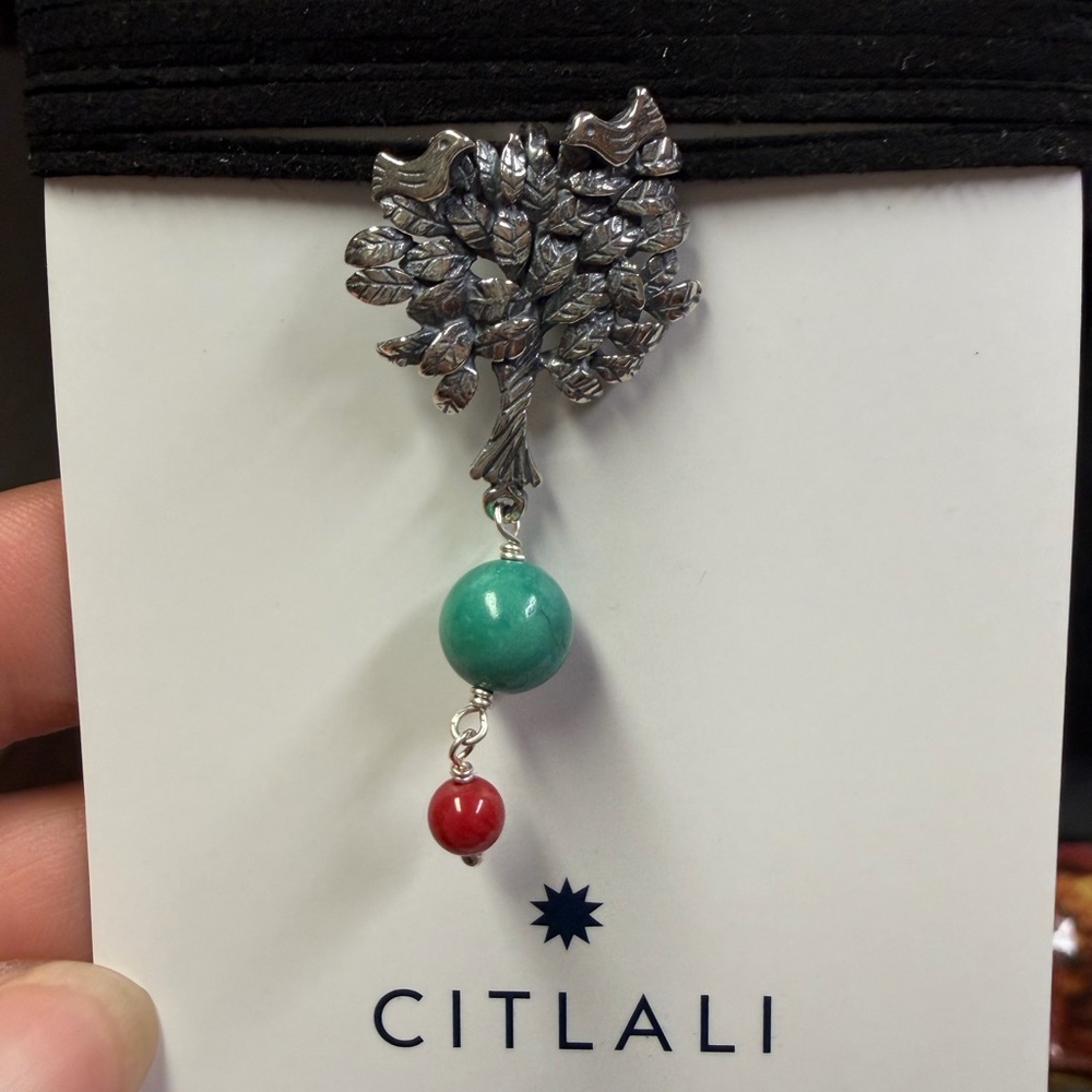Citlali Sterling Silver 925 Tree Pendant with Turquoise and Red Bead - Picture 3 of 3